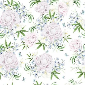 Beautiful tender watercolor pattern with different flowers and cannnabis. Illustrazione stock