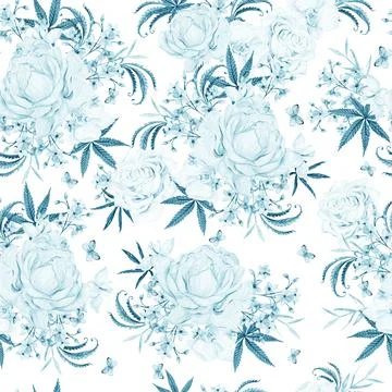 Beautiful tender watercolor pattern with different flowers and cannnabis. Stock Illustration
