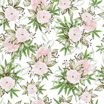Beautiful tender watercolor pattern with different flowers and cannnabis. Stock Illustration
