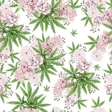 Beautiful tender watercolor pattern with different flowers and cannnabis. Stock Illustration