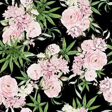 Beautiful tender watercolor pattern with different flowers and cannnabis. Stock Illustration
