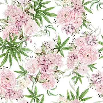 Beautiful tender watercolor pattern with different flowers and cannnabis. Stock Illustration