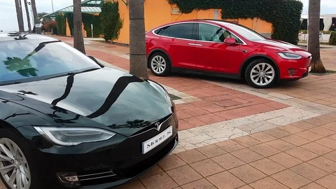 Beautiful Tesla Model S And Tesla Model X Electric Cars Stock Footage 86702346