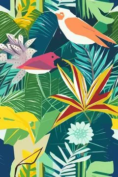 Beautiful textile pattern with bird, flowers and leaves. Floral plant patte.. Stock Illustration