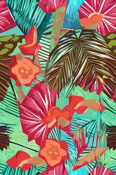 Beautiful textile pattern with bird, flowers and leaves. Floral plant patte.. Illustrazione stock