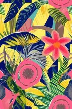Beautiful textile pattern with bird, flowers and leaves. Floral plant patte.. Stock Illustration