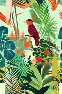 Beautiful textile pattern with bird, flowers and leaves. Floral plant patte.. Stock Illustration