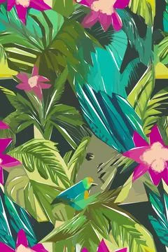 Beautiful textile pattern with bird, flowers and leaves. Floral plant patte.. Stock Illustration