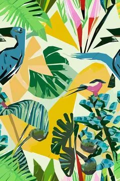 Beautiful textile pattern with bird, flowers and leaves. Floral plant patte.. Stock Illustration