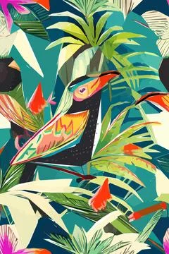 Beautiful textile pattern with bird, flowers and leaves. Floral plant patte.. Stock Illustration