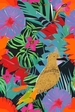 Beautiful textile pattern with bird, flowers and leaves. Floral plant patte.. Stock Illustration