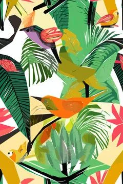 Beautiful textile pattern with bird, flowers and leaves. Floral plant patte.. Stock Illustration