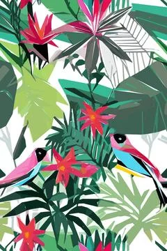 Beautiful textile pattern with bird, flowers and leaves. Floral plant patte.. Stock Illustration