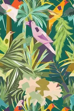 Beautiful textile pattern with bird, flowers and leaves. Floral plant patte.. Stock Illustration