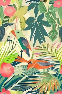 Beautiful textile pattern with bird, flowers and leaves. Floral plant patte.. Stock Illustration