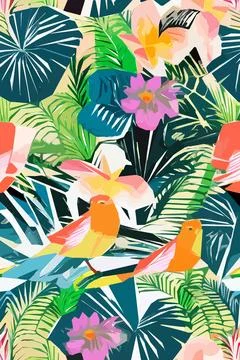 Beautiful textile pattern with bird, flowers and leaves. Floral plant patte.. Stock Illustration