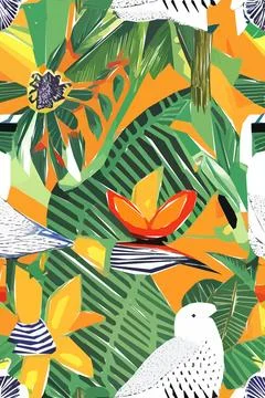 Beautiful textile pattern with bird, flowers and leaves. Floral plant patte.. Stock Illustration