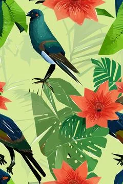 Beautiful textile pattern with bird, flowers and leaves. Floral plant patte.. Stock Illustration