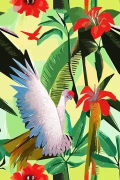 Beautiful textile pattern with bird, flowers and leaves. Floral plant patte.. Stock Illustration