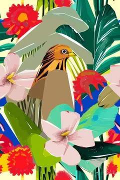 Beautiful textile pattern with bird, flowers and leaves. Floral plant patte.. Stock Illustration