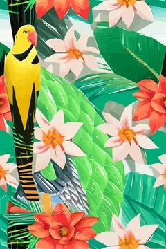 Beautiful textile pattern with bird, flowers and leaves. Floral plant patte.. Stock Illustration