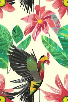 Beautiful textile pattern with bird, flowers and leaves. Floral plant patte.. Stock-Illustration