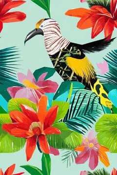 Beautiful textile pattern with bird, flowers and leaves. Floral plant patte.. Stock Illustration