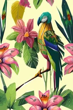 Beautiful textile pattern with bird, flowers and leaves. Floral plant patte.. Stock Illustration