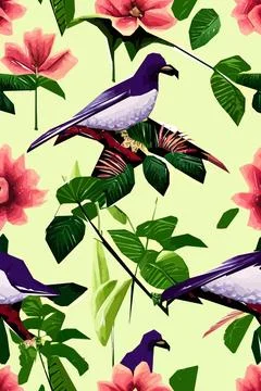 Beautiful textile pattern with bird, flowers and leaves. Floral plant patte.. Illustrazione stock