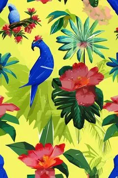 Beautiful textile pattern with bird, flowers and leaves. Floral plant patte.. Stock Illustration