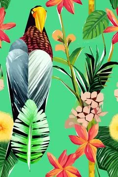 Beautiful textile pattern with bird, flowers and leaves. Floral plant patte.. Stock Illustration