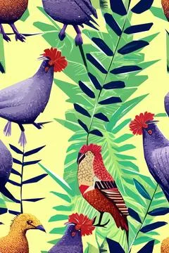 Beautiful textile pattern with bird, flowers and leaves. Floral plant patte.. Stock Illustration