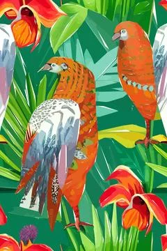 Beautiful textile pattern with bird, flowers and leaves. Floral plant patte.. Stock Illustration