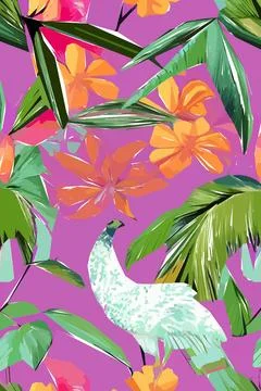 Beautiful textile pattern with bird, flowers and leaves. Floral plant patte.. Stock Illustration