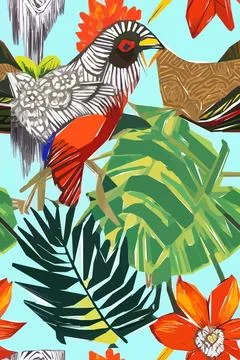 Beautiful textile pattern with bird, flowers and leaves. Floral plant patte.. Stock Illustration