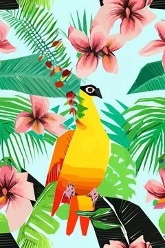 Beautiful textile pattern with bird, flowers and leaves. Floral plant patte.. Stock Illustration