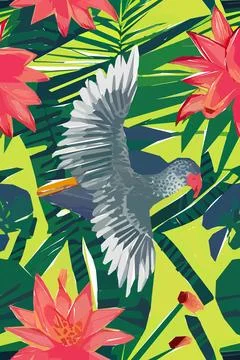 Beautiful textile pattern with bird, flowers and leaves. Floral plant patte.. Stock Illustration