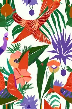 Beautiful textile pattern with bird, flowers and leaves. Floral plant patte.. Stock Illustration