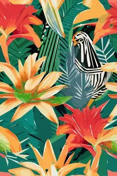 Beautiful textile pattern with bird, flowers and leaves. Floral plant patte.. Stock Illustration