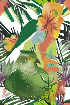 Beautiful textile pattern with bird, flowers and leaves. Floral plant patte.. Stock Illustration
