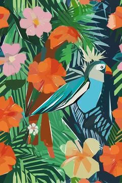 Beautiful textile pattern with bird, flowers and leaves. Floral plant patte.. Stock Illustration