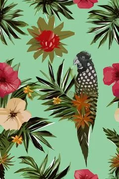 Beautiful textile pattern with bird, flowers and leaves. Floral plant patte.. Stock Illustration