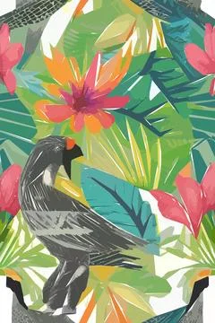 Beautiful textile pattern with bird, flowers and leaves. Floral plant patte.. Stock Illustration