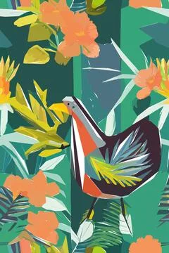 Beautiful textile pattern with bird, flowers and leaves. Floral plant patte.. Stock Illustration