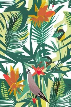 Beautiful textile pattern with bird, flowers and leaves. Floral plant patte.. Stock Illustration