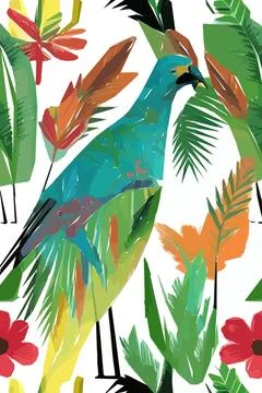 Beautiful textile pattern with bird, flowers and leaves. Floral plant patte.. Stock Illustration