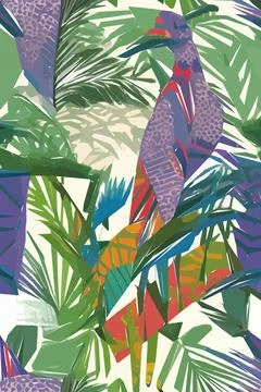 Beautiful textile pattern with bird, flowers and leaves. Floral plant patte.. Stock Illustration