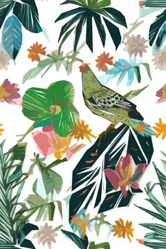 Beautiful textile pattern with bird, flowers and leaves. Floral plant patte.. Stock Illustration