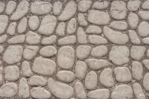 A beautiful texture of path of gray smooth stones with yellow maple seeds and Stock Photos