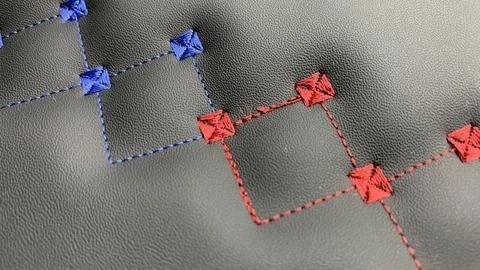 Beautiful thread stitching and embroidery on the black leather Stock Photos